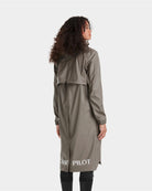 Horse Pilot Long Raintech Coat - Coffee brown - back view, worn by woman against white background | Women's Outerwear | Malvern Saddlery