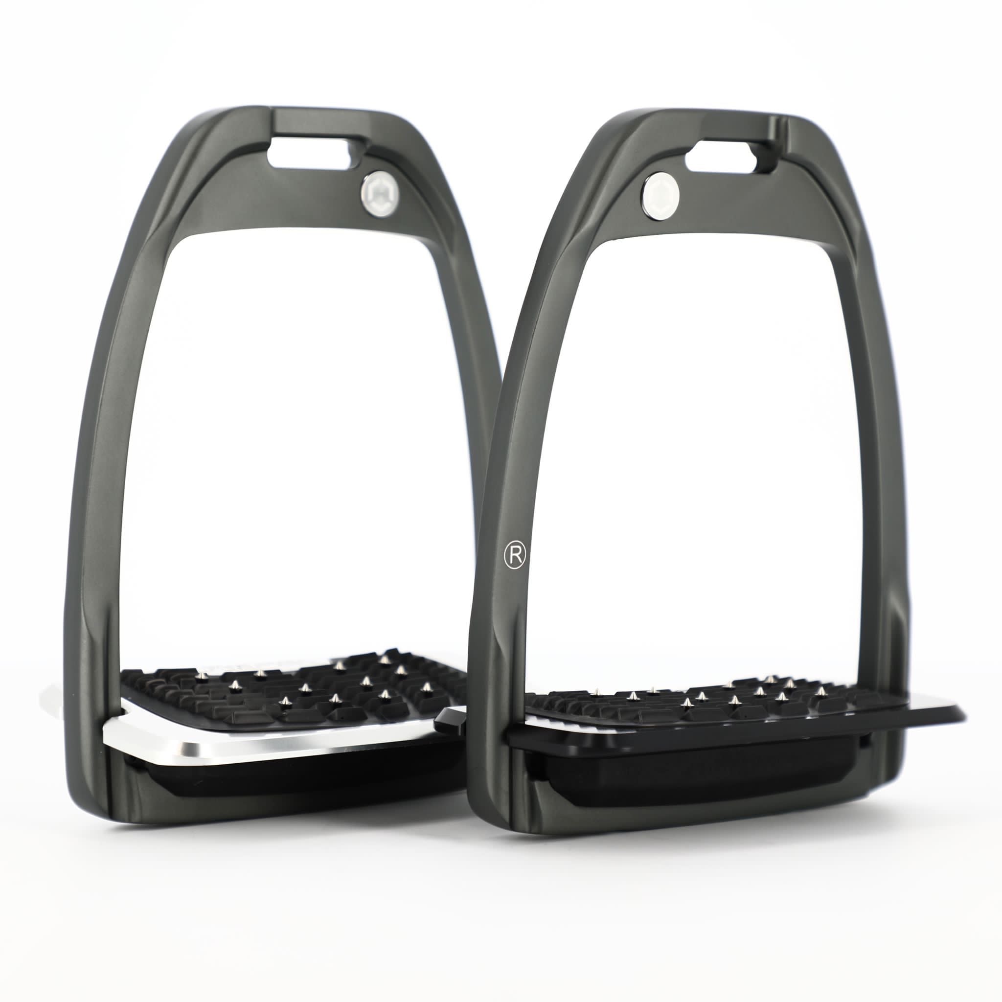 Pair of Flex-On Hunter H Stirrups - Dark Gray Frame; inclined ultra grip tray; black shock absorbers | Malvern Saddlery