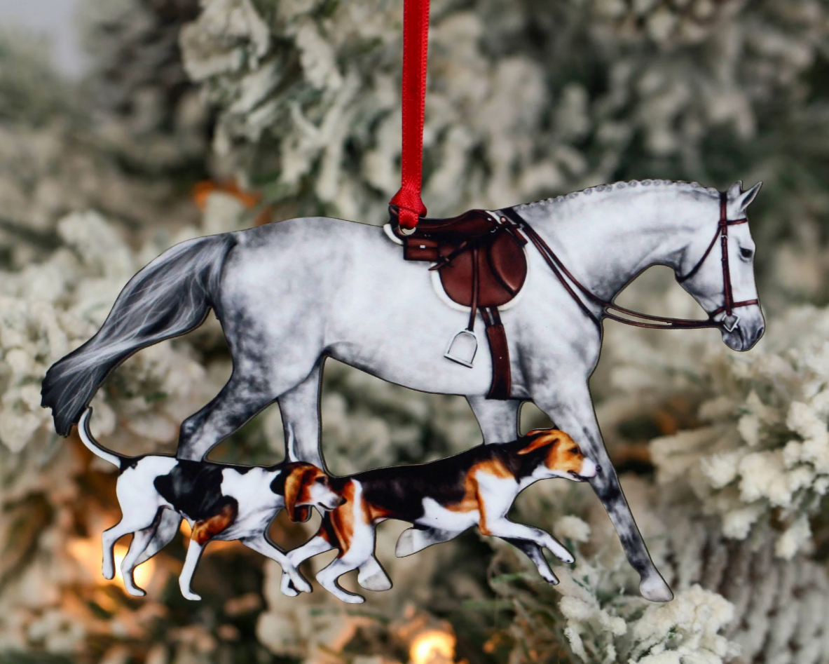 Horse and Hound Field Hunter Ornament - Dapple Gray; on blurred winter tree background | Equestrian Gifts | Malvern Saddlery