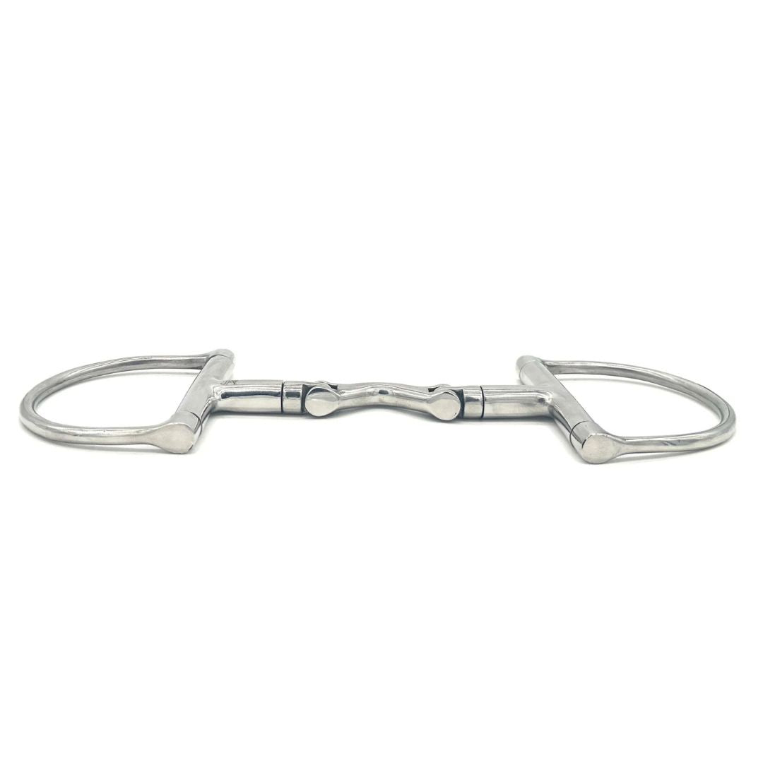 Jake Adams Equestrian Swivel Port Hinge D-Ring Horse Bit, angled view | Tack Shop | Malvern Saddlery