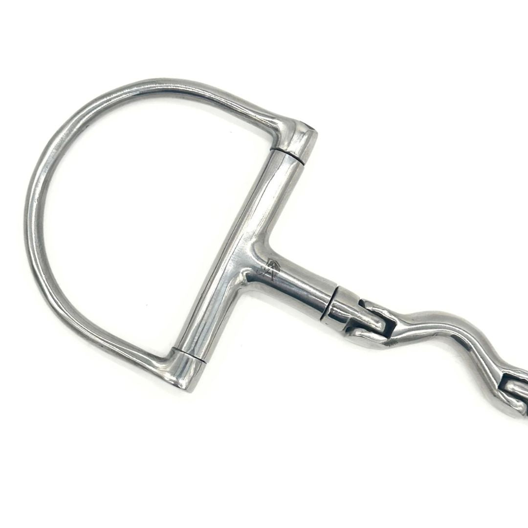 Jake Adams Equestrian Swivel Port Hinge D-Ring Horse Bit, cheekpiece detail | Tack Shop | Malvern Saddlery