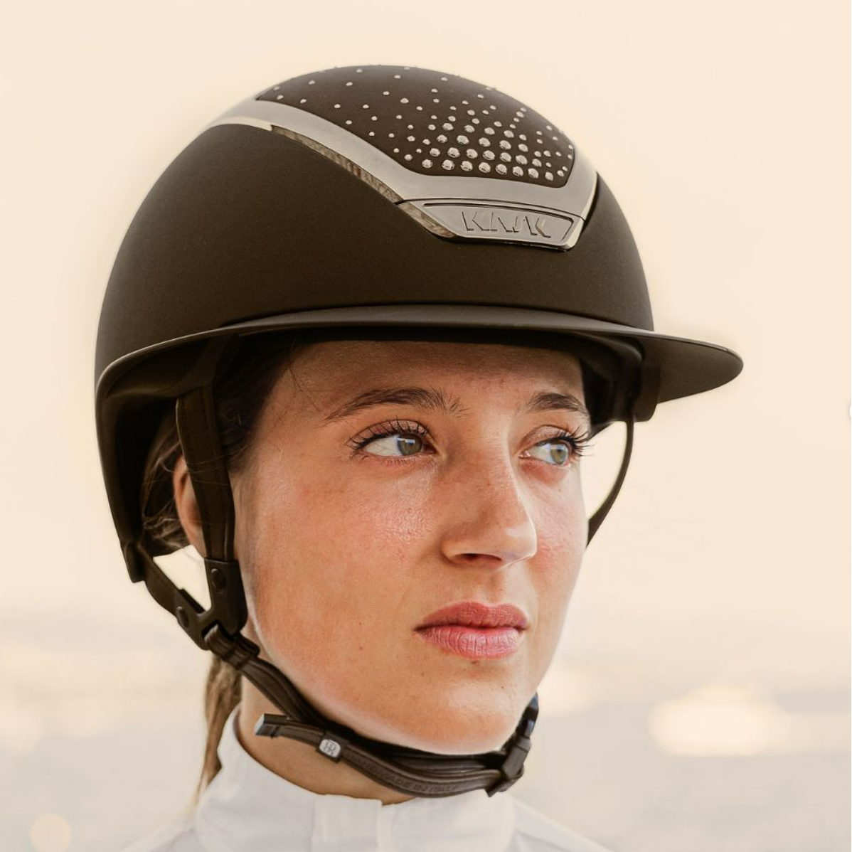 KASK Equestrian Star Lady Chrome helmet with Passage 'brown/griege' crystal design,brown matte helmet, tone-on-tone brown chrome frame. | Malvern Saddlery