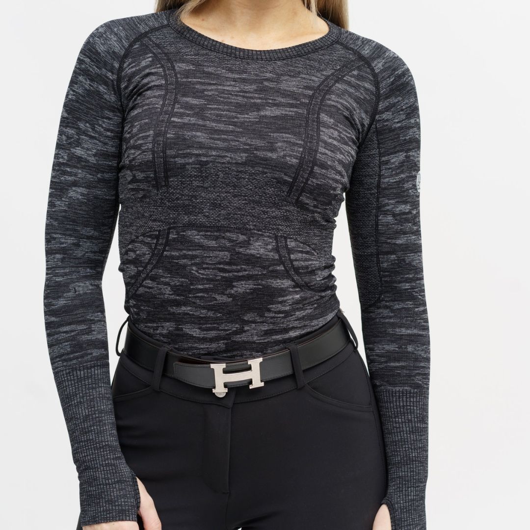 TKEQ Kennedy Seamless 2.0 Long Sleeve Performance Shirt - Black Camo, cropped image of torso shown on model | Malvern Saddlery