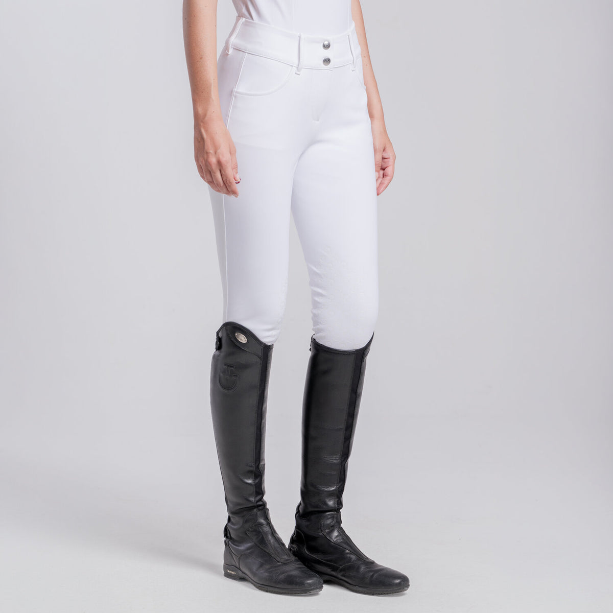 Cavalleria Toscana Women's American Knee Grip Breeches - White, front view on model | Malvern Saddlery