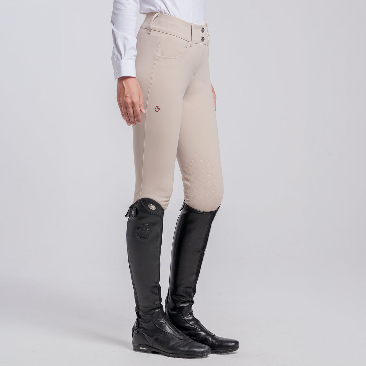 Cavalleria Toscana Women's American Knee Grip Breeches - Beige, front view on model | Malvern Saddlery