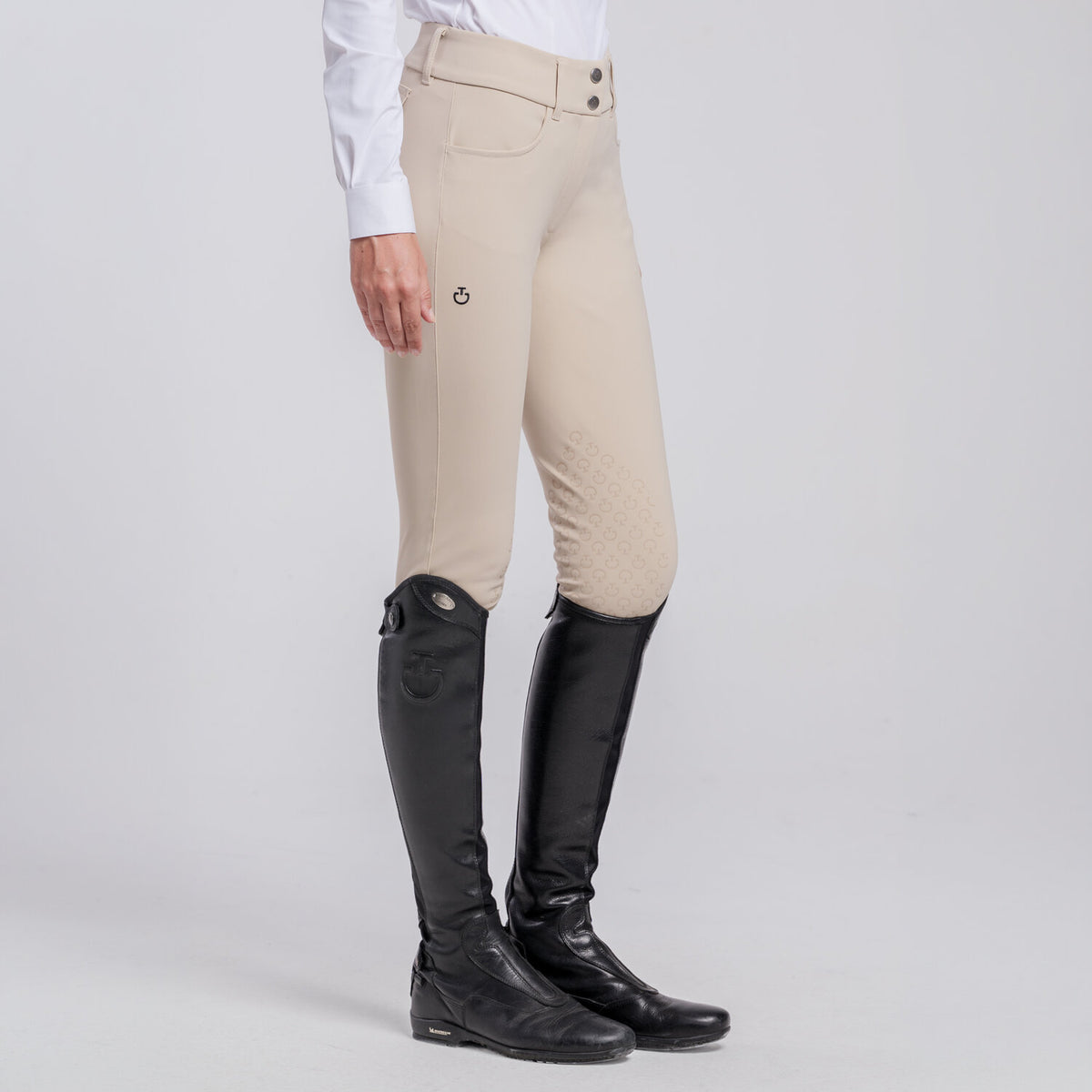 Cavalleria Toscana Women's Knee Grip Breeches with Back Pockets - Beige, front view on model | Malvern Saddlery