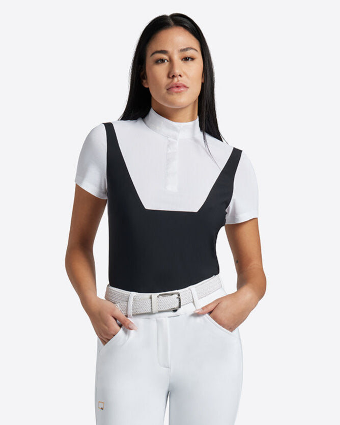 Rider's Gene Ladies Competition Polo - Navy/White, shown on model | Malvern Saddlery