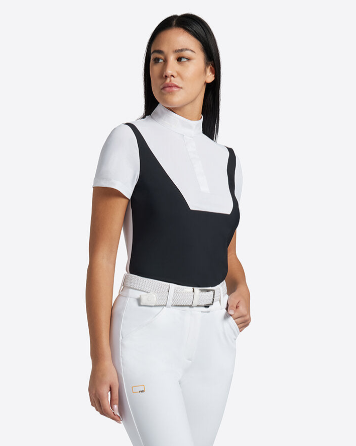 Rider's Gene Ladies Competition Polo - Navy/White, shown on model | Malvern Saddlery