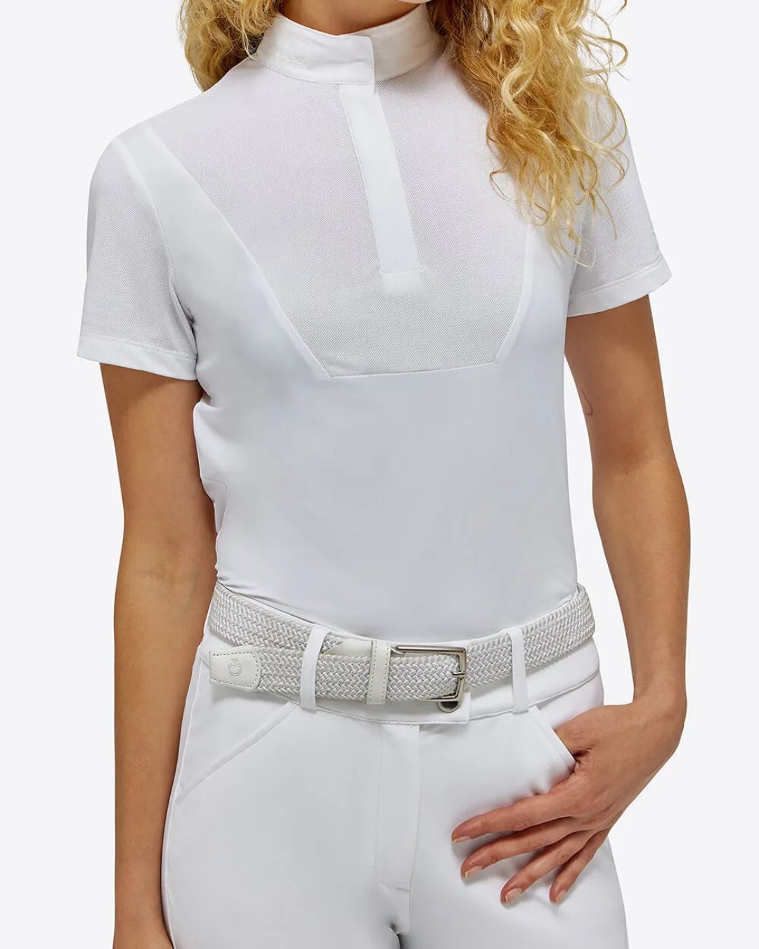 Rider's Gene Ladies Competition Polo Shirt - White, shown on model on white background | Equestrian Show Shirts | Malvern Saddlery