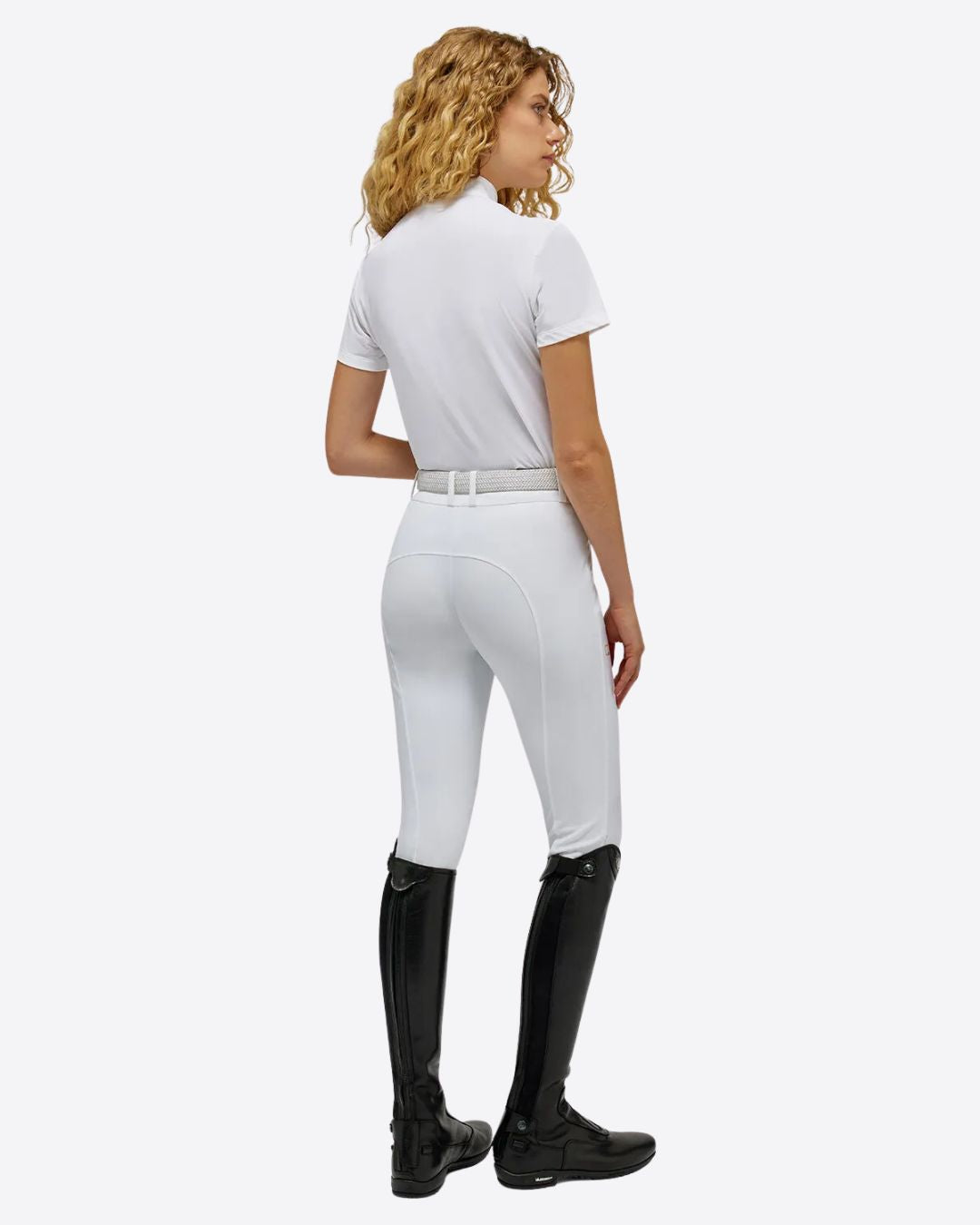 Rider's Gene Ladies Competition Polo Shirt - White, shown on model on white background back view| Equestrian Show Shirts | Malvern Saddlery