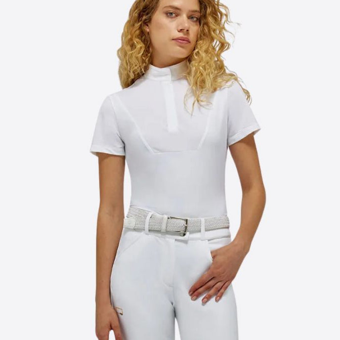 Rider's Gene Ladies Competition Polo Shirt - White, shown on model on white background | Equestrian Show Shirts | Malvern Saddlery