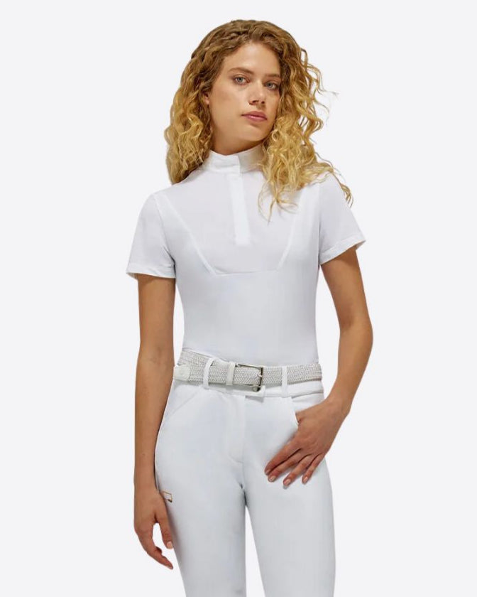 Rider's Gene Ladies Competition Polo Shirt - White, shown on model on white background | Equestrian Show Shirts | Malvern Saddlery