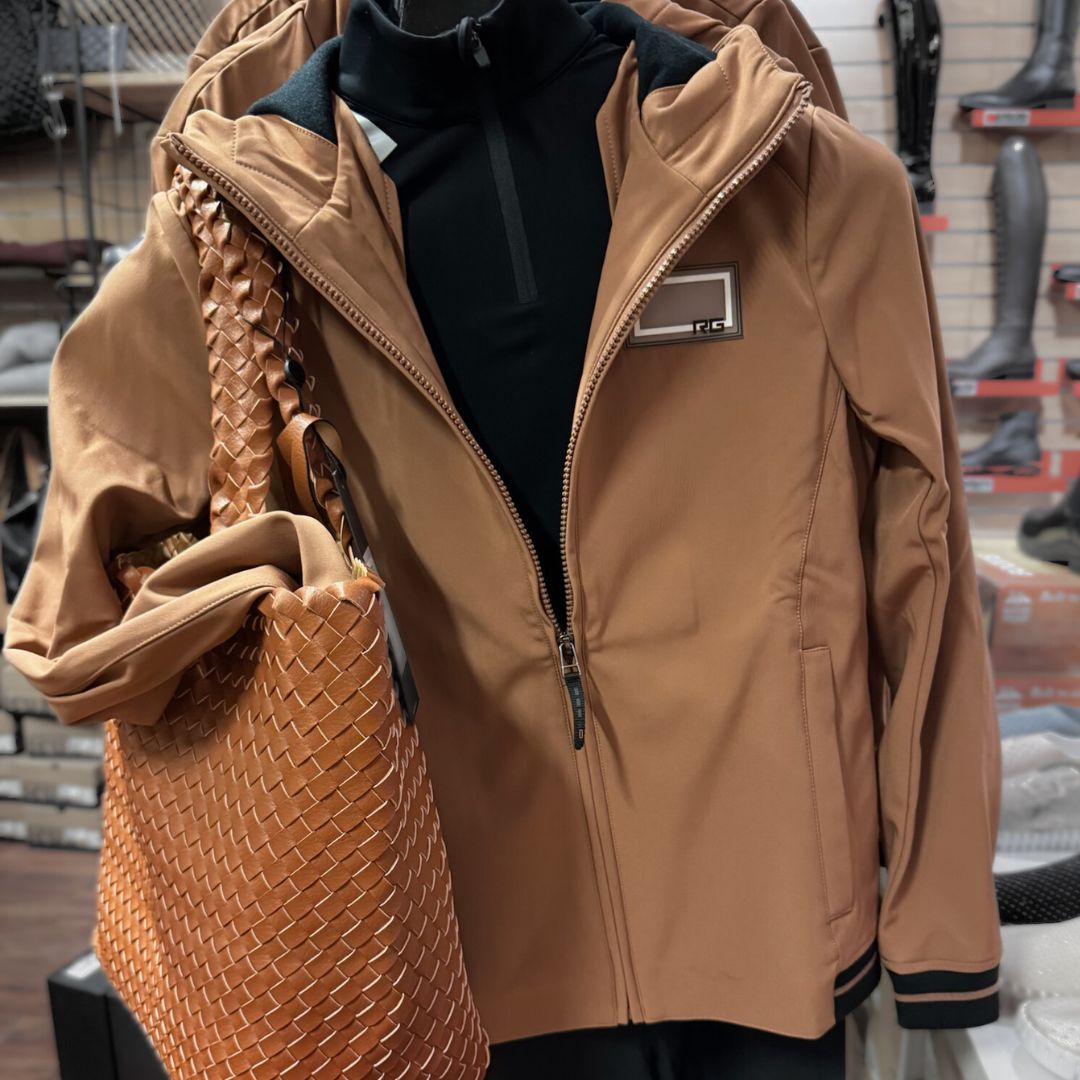 Rider's Gene Ladies Softshell Jacket - Earth color, shown in store with Ilse Jacobsen woven tote bag | Malvern Saddlery