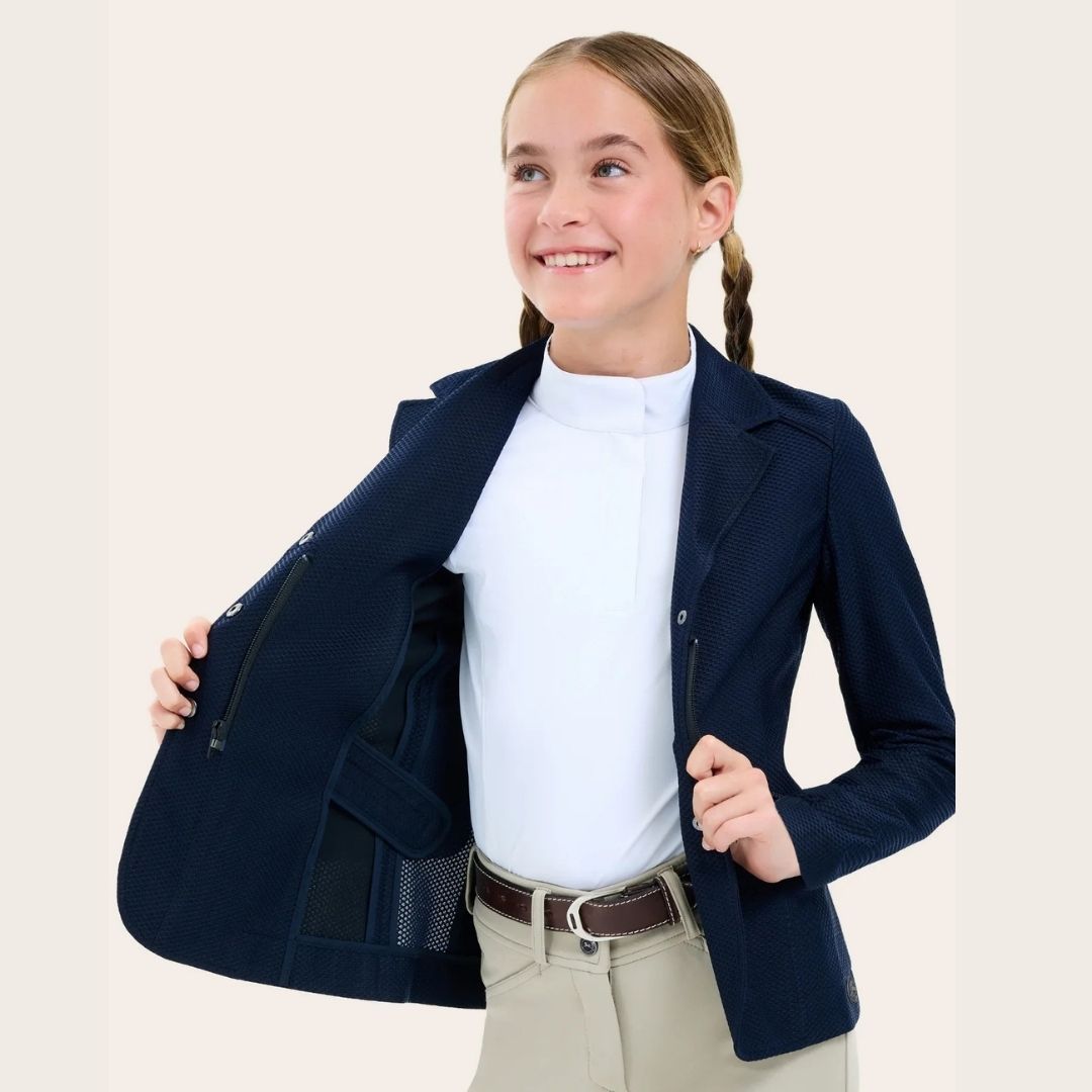 RJ Classics Addison Air Jr Mesh Girls Show Coat - Navy; worn by girl showing inside right of jacket | Young Rider Competition Apparel | Malvern Saddlery