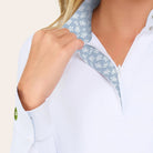 RJ Classics Tori Jr Girls Show Shirt - Blue Turtle collar print; collar close up shown on girl | Young Rider Clothing | Malvern Saddlery