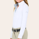 RJ Classics Tori Jr Girls Show Shirt - Blue Turtle collar print; torso crop shown on girl | Young Rider Clothing | Malvern Saddlery