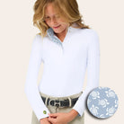 RJ Classics Tori Jr Girls Show Shirt - Blue Turtle collar print; with print swatch; shown on girl showing green Moorcroft Conservation logo| Young Rider Clothing | Malvern Saddlery