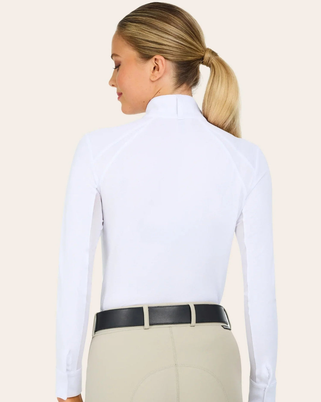 RJ Classics Sofia Ladies' Show Shirt - White; back view on model | Malvern Saddlery