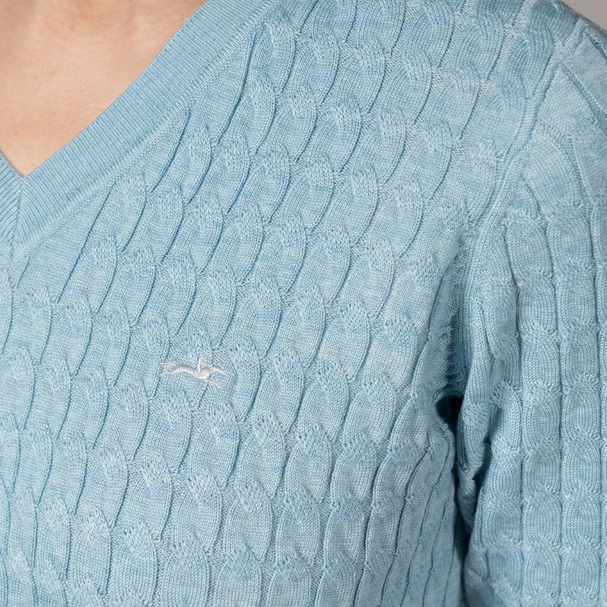 Schockemöhle Sports Womens' SP Pam Style Sweater - Light Blue; on model, close up chest logo | Malvern Saddlery