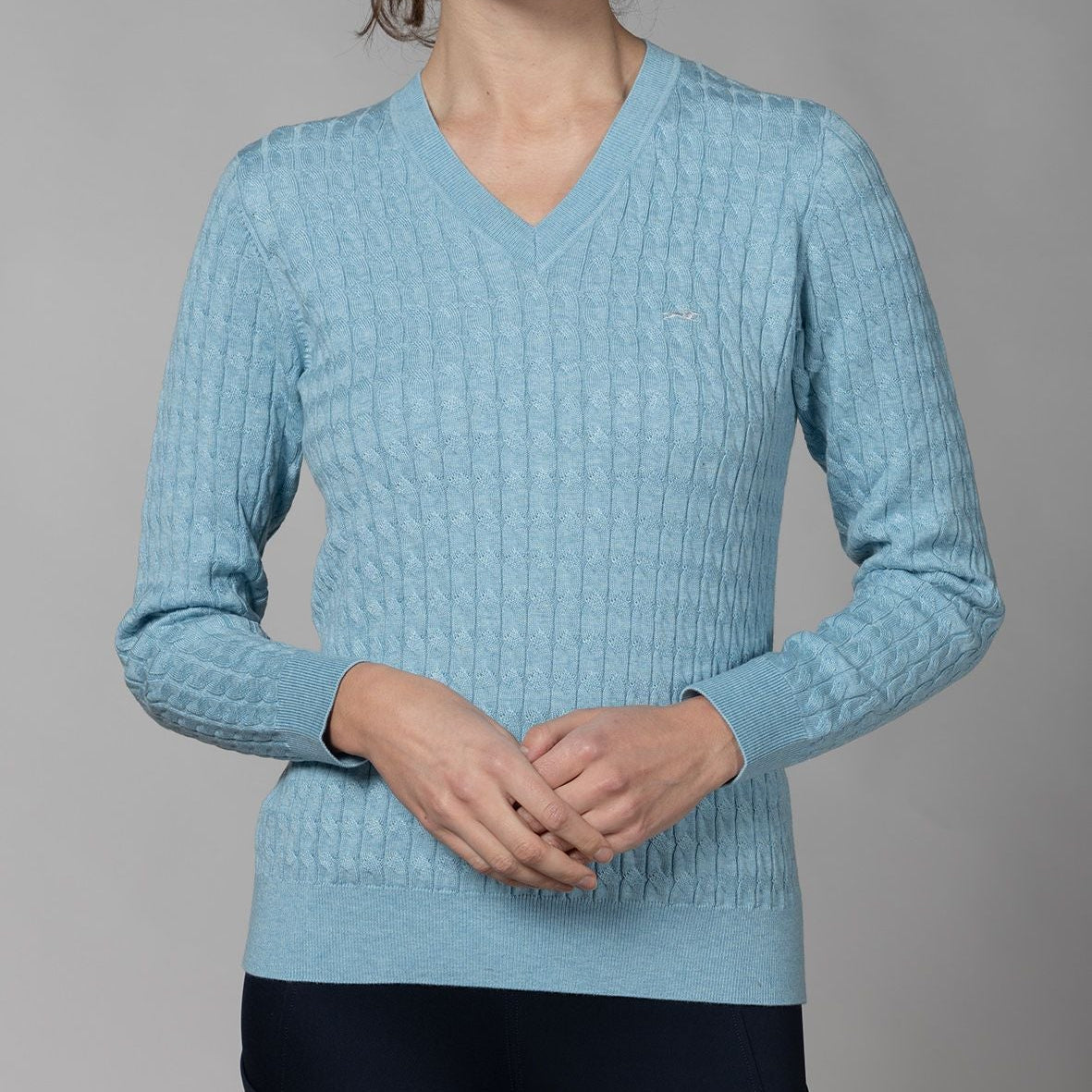 Schockemöhle Sports Womens' SP Pam Style Sweater - Light Blue; shown on model on gray background | Malvern Saddlery