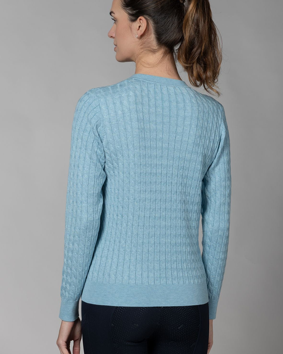 Schockemöhle Sports Womens' SP Pam Style Sweater - Light Blue; back view on model on gray background | Malvern Saddlery