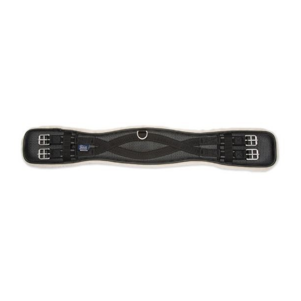 Black Shires fleece-lined dressage girth showing soft synthetic padding and hardware for horse comfort