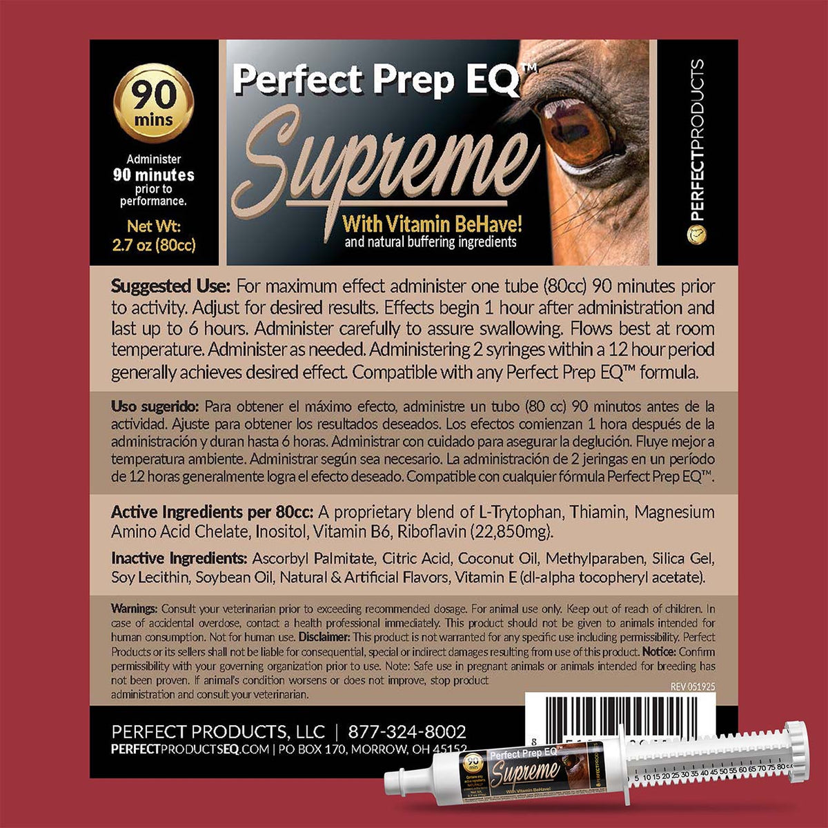 Perfect Prep EQ Supreme Quick-Acting Calming Paste - label and directions | Malvern Saddlery