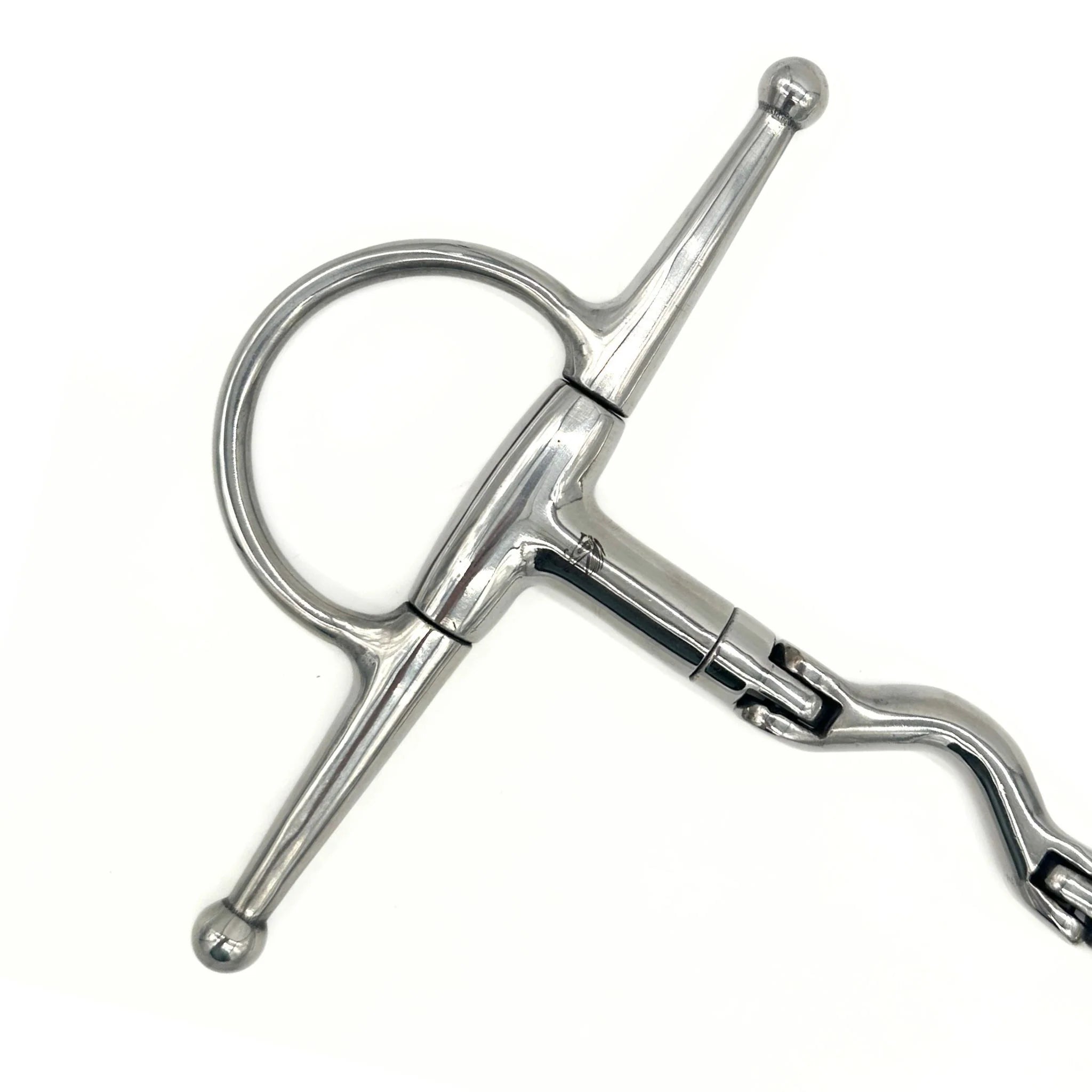 Jake Adams Stainless Stell Swivel Port Hinge Full Cheek Horse Bit, cheekpiece detail | Tack Shop | Malvern Saddlery