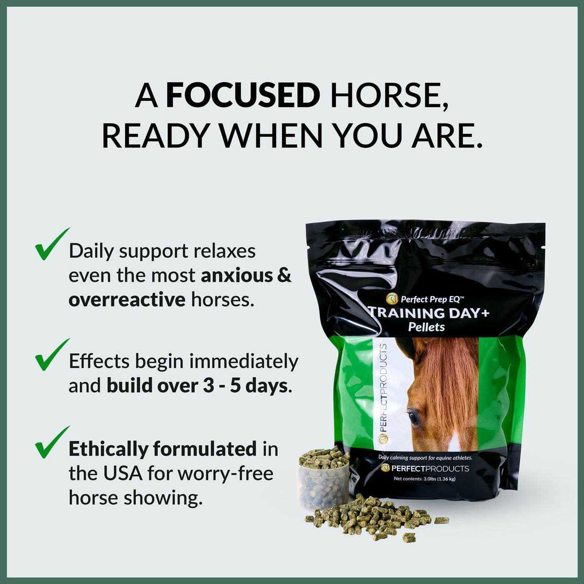 Perfect Prep EQ Training Day+ Daily Calming Pellets - key benefits | Malvern Saddlery