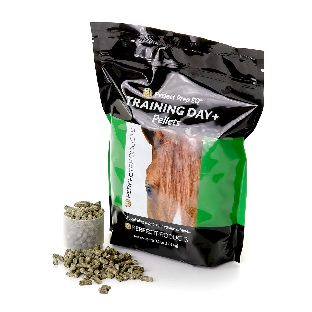 Perfect Prep EQ Training Day+ Daily Calming Pellets - bag and pellets | Malvern Saddlery