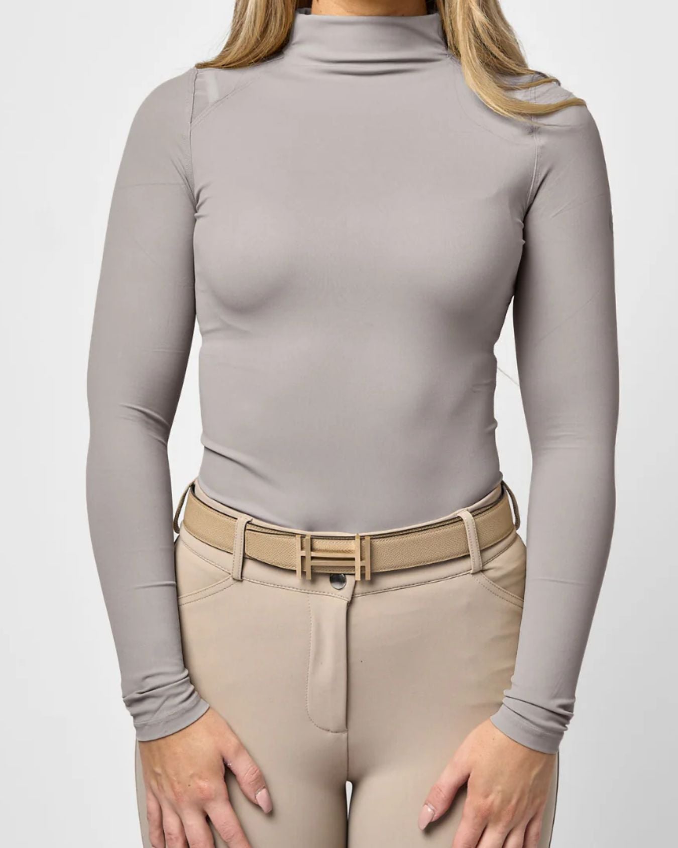 TKEQ CHLOE High Collar Technical Top - Silver Gray, shown on woman torso view | Malvern Saddlery