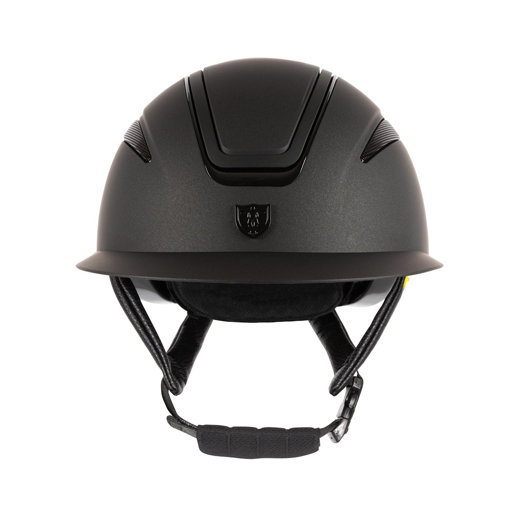 Tipperary Oxford Shimmer MIPS® Wide Brim Helmet - Black with Matte/Gloss trim; front view, white background | Equestrian Helmets | Malvern Saddlery