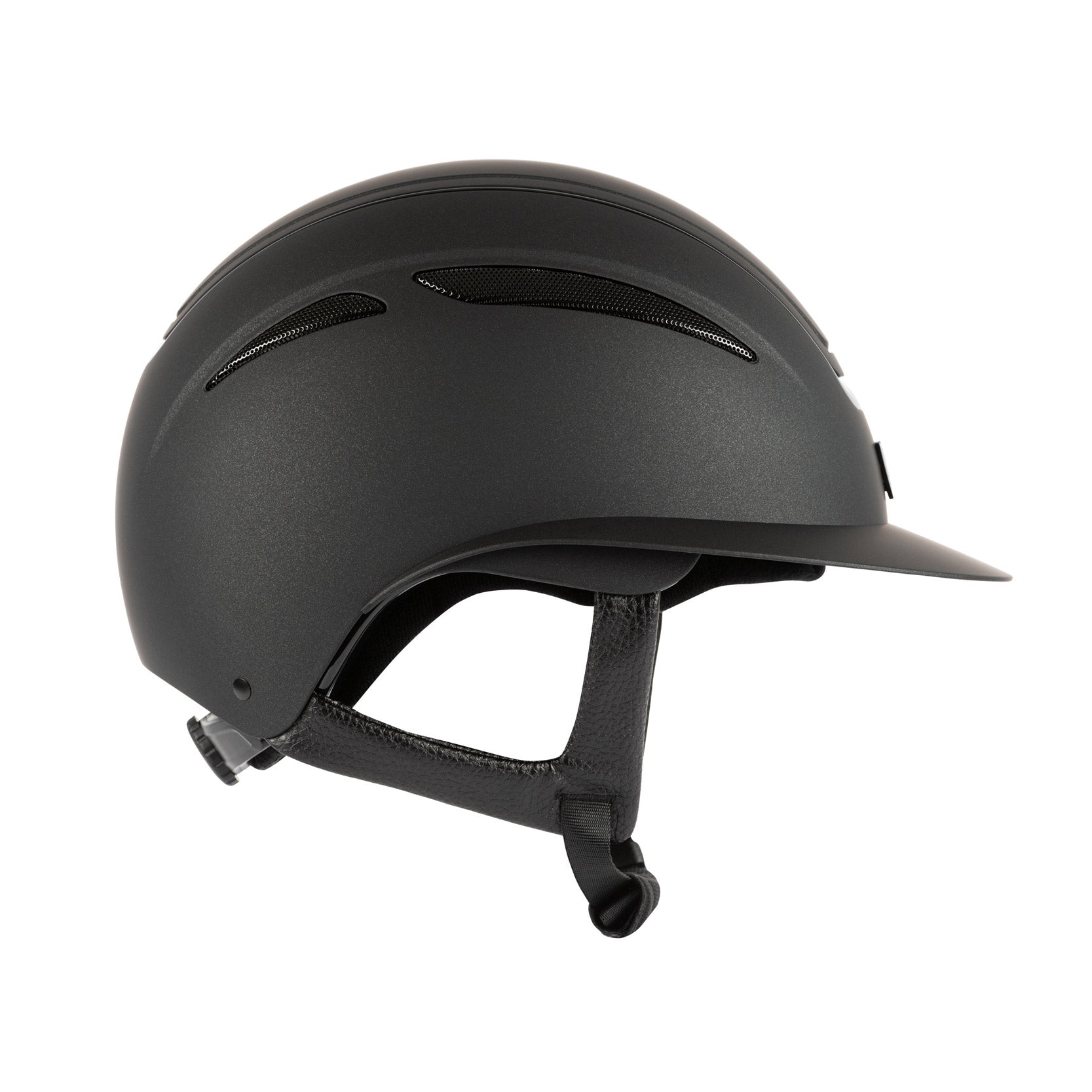 Tipperary Oxford Shimmer MIPS® Wide Brim Helmet - Black with Matte/Gloss trim; side view, white background | Equestrian Helmets | Malvern Saddlery