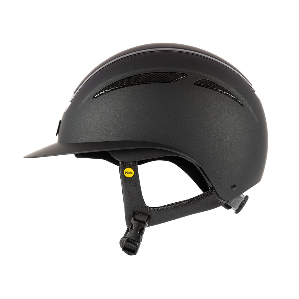 Tipperary Oxford Shimmer MIPS® Wide Brim Helmet - Black with Glimmer/Gloss trim; side view | Equestrian Helmets | Malvern Saddlery