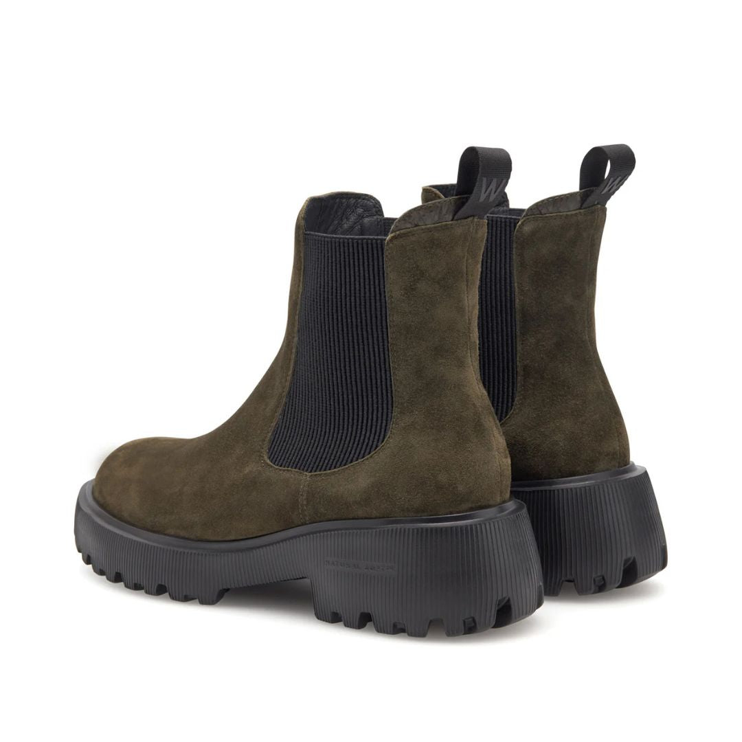Woden Aya Suede Boot - Dark Olive, back view pair shown on white background | Fashion Footwear | Malvern Saddlery