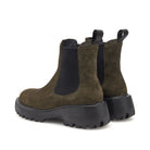 Woden Aya Suede Boot - Dark Olive, back view pair shown on white background | Fashion Footwear | Malvern Saddlery