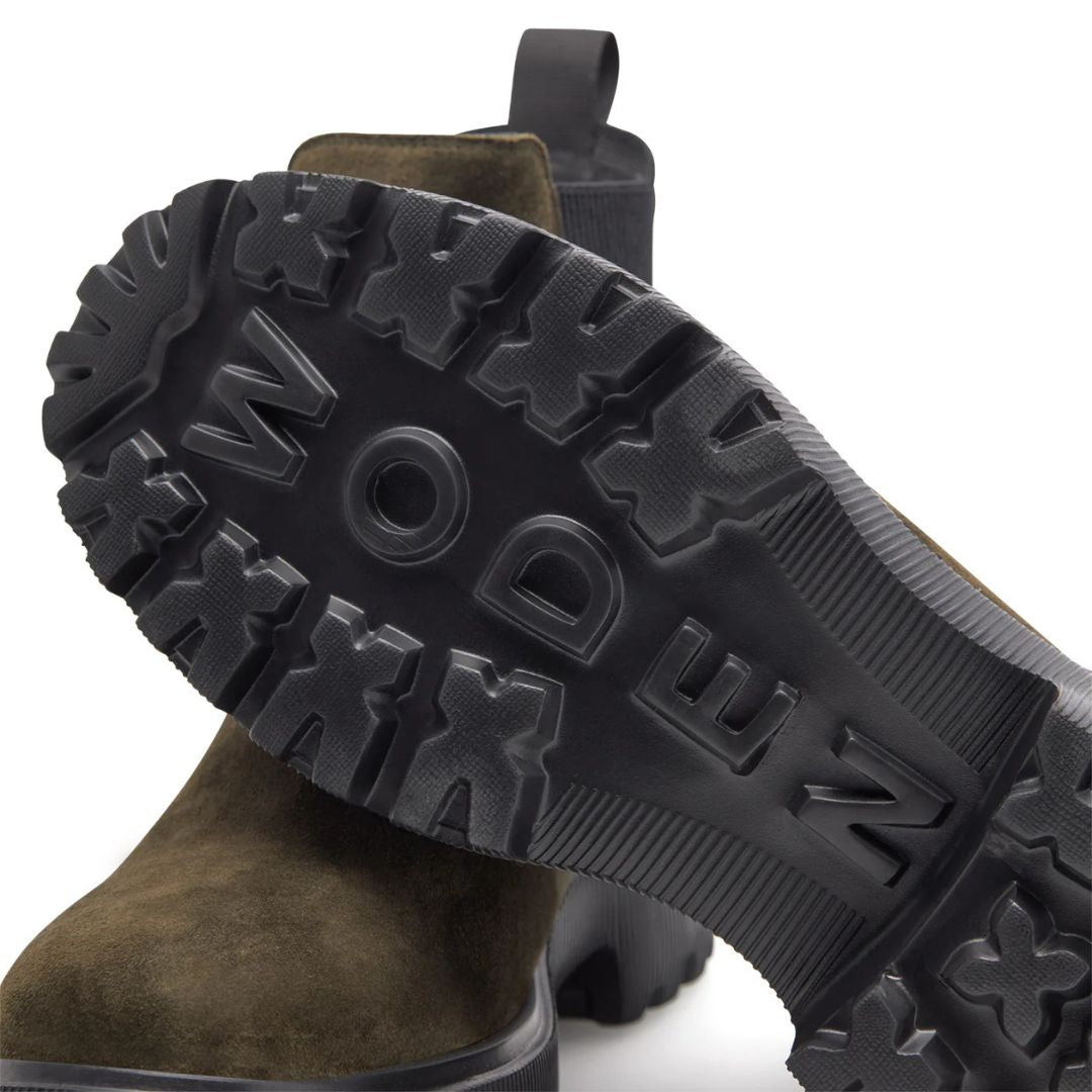 Woden Aya Suede Boot - Dark Olive, sole detail on white background | Fashion Footwear | Malvern Saddlery