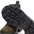 Woden Aya Suede Boot - Dark Olive, sole detail on white background | Fashion Footwear | Malvern Saddlery