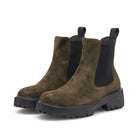 Woden Aya Suede Boot - Dark Olive, pair shown on white background | Fashion Footwear | Malvern Saddlery