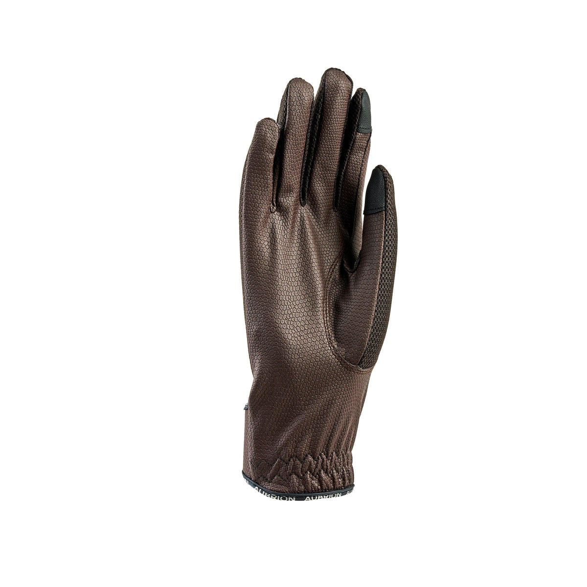 Brown Aubrion Aero FlexFit riding glove palm with touchscreen-compatible fingertips and reinforced grip