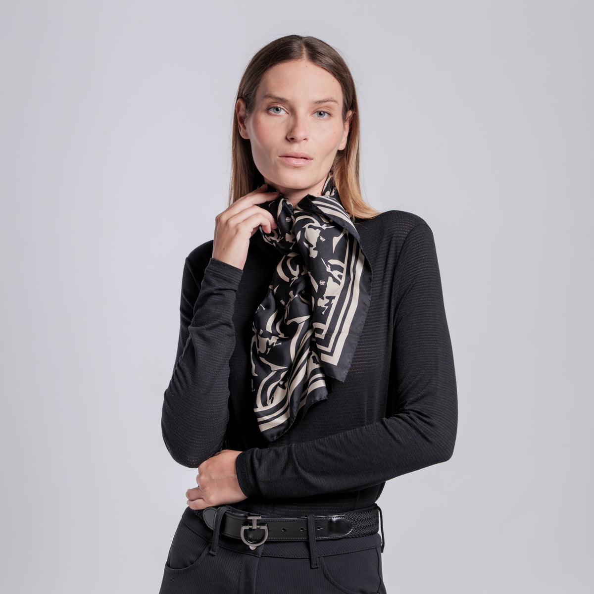 Cavalleria Toscana Horse Print Silk Scarf - Black/Rainy Day, worn | Malvern Saddlery