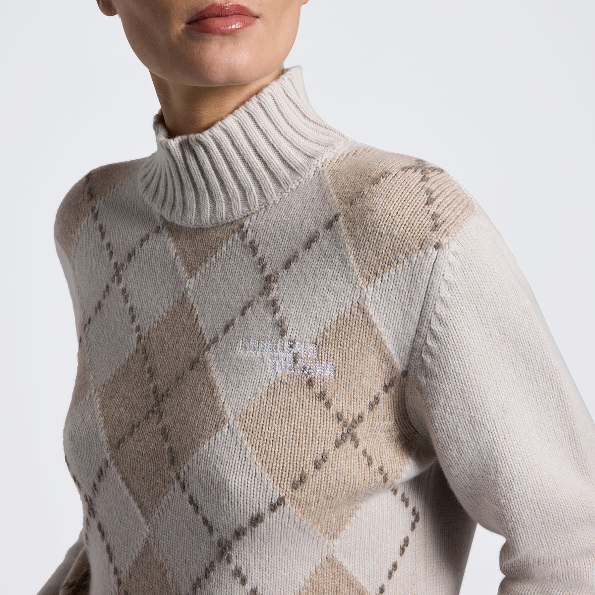 Cavalleria Toscana Women's Argyle Turtleneck Sweater - Rainy Day, front close-up | Malvern Saddlery