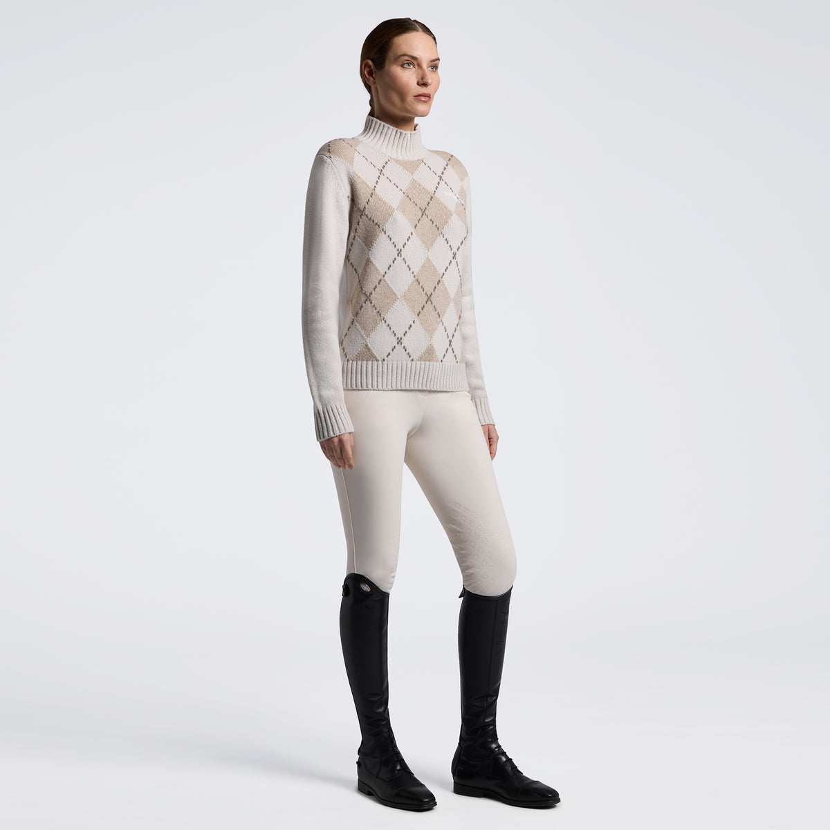 Cavalleria Toscana Women's Argyle Turtleneck Sweater - Rainy Day, full-length front view | Malvern Saddlery