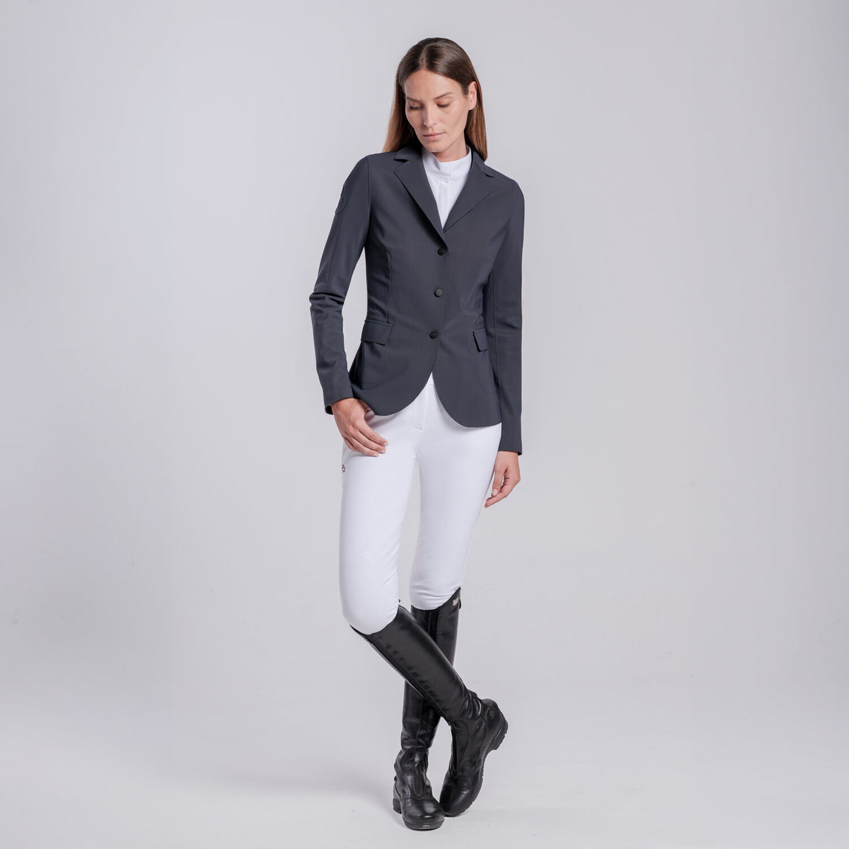 Cavalleria Toscana Women's Raw-Cut Competition Jacket - Charcoal, front view | Malvern Saddlery