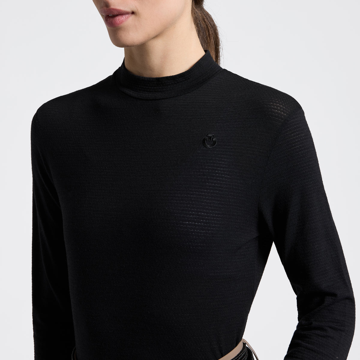 Cavalleria Toscana Women's Technical Wool Long Sleeve Top - Black, front close-up | Malvern Saddlery