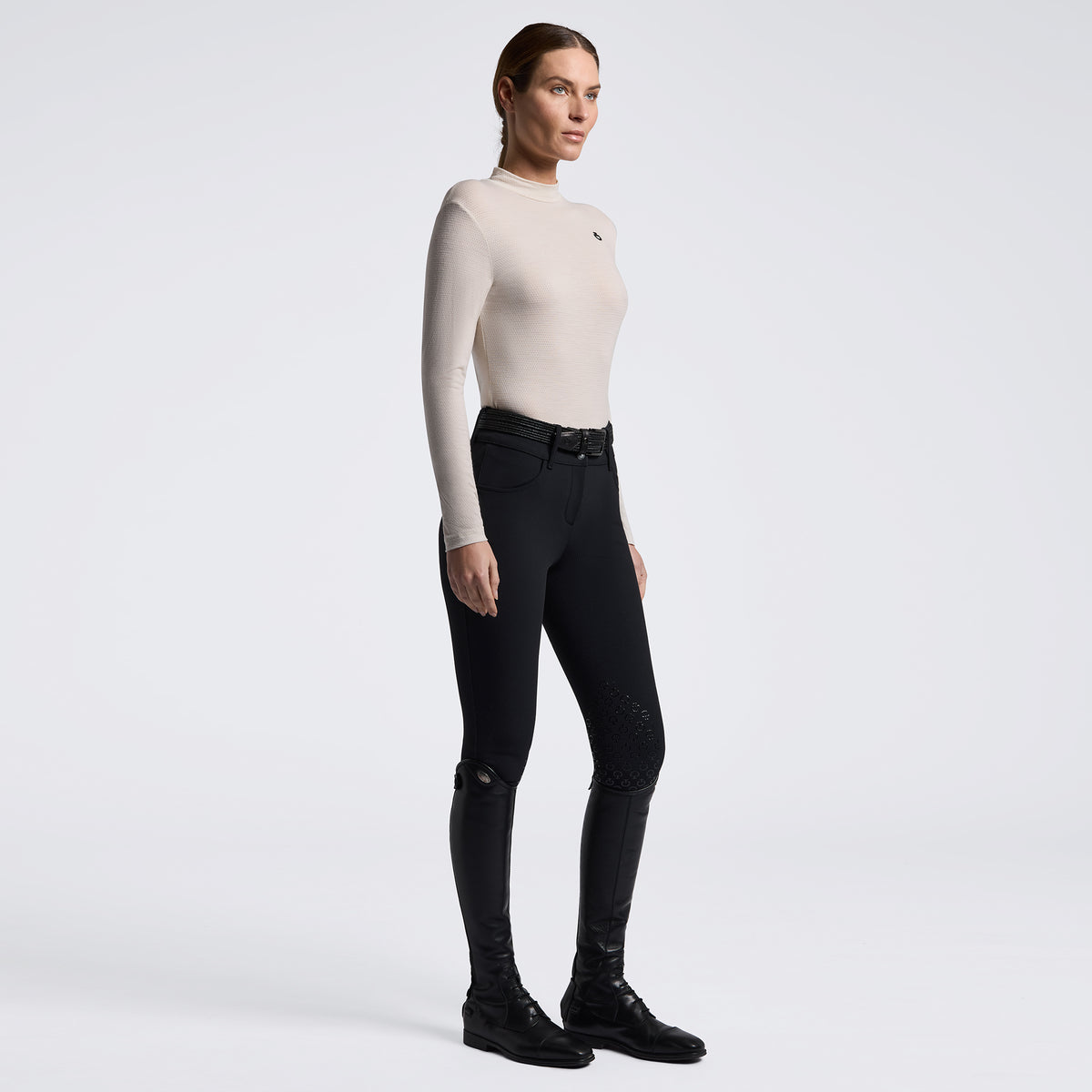 Cavalleria Toscana Women's Technical Wool Long Sleeve Top - Rainy Day, full-length front view | Malvern Saddlery
