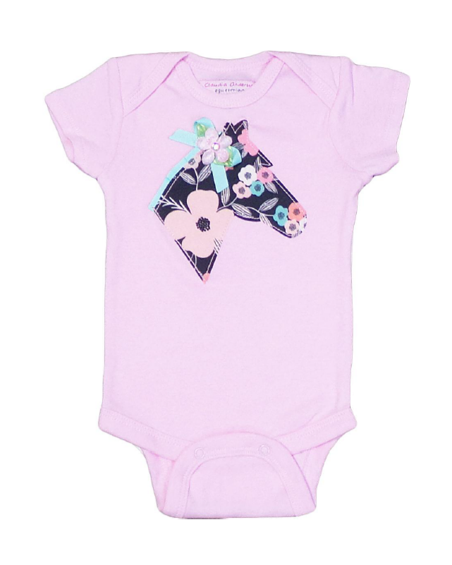 Claudia Anderson Equestrian Baby Onesie - Pink with Navy floral applique "Alana" | Malvern Saddlery
