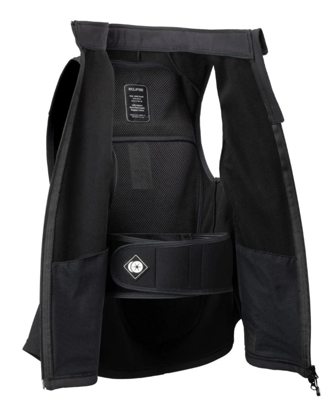 Charles Owen Eclipse Back Protector - Black; front open showing inner adjustable belt; shown on white background | Equestrian Protective Vests | Malvern Saddlery