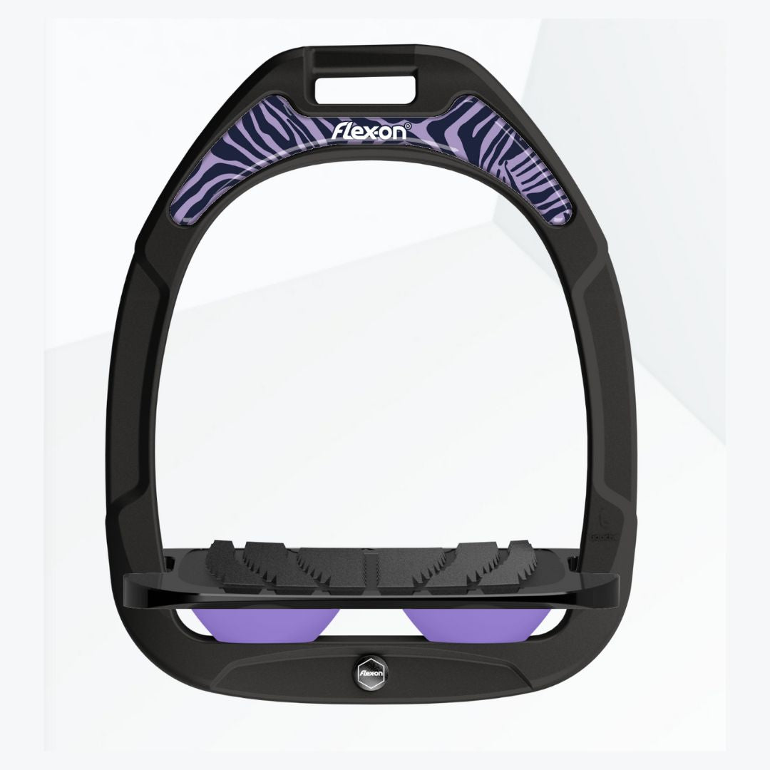 Flex-On Composite Equestrian Stirrups: Black Frame / Black tray / Lilac shock / Safari Lilac Magnet shown with Inclined Reg Grip Footbed | Malvern Saddlery