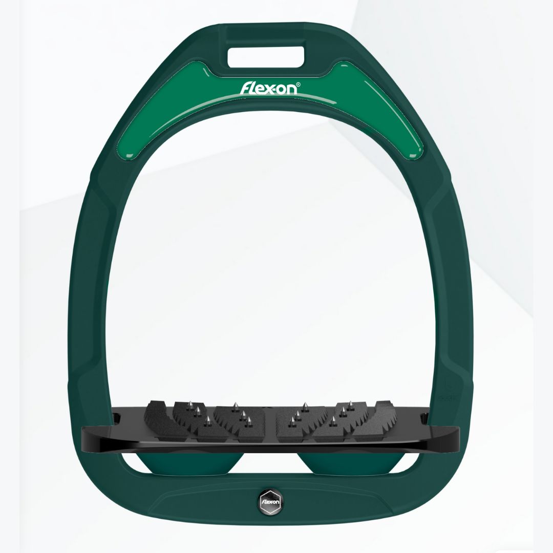 Flex-On Composite Equestrian Stirrups:
Dark Green / Black Tray / Dark Green / Irish Green Silver Magnet | Malvern Saddlery